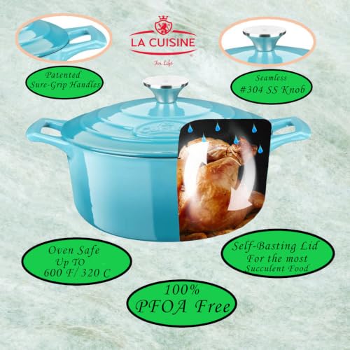 Image of La Cuisine Enameled Cast Iron Dutch Oven Casserole Pot with Lid, Internal Matte Black Enamel Coating for bread baking 5 QT 10.5 inch / 26cm O, For GalssTop Stove, Oven-Safe, Teal