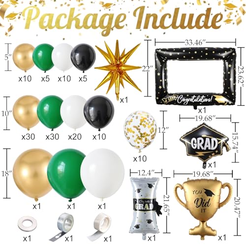 Image of 141Pcs Green Gold Black Graduation Balloon Garland Arch Kit,with Explosion Star,Diploma,Trophy,Grad Hat,Photo Frame Foil Balloon for Congrats Class of 2026 Graduates Celebration Party Decoration