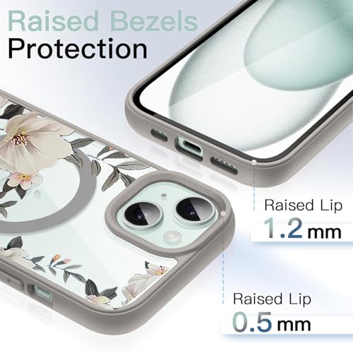 Image of VONZEE Compatible with iPhone 15 Plus Case Luxury Retro Flowers Floral Clear for Magnetic Wireless Charging Case Shockproof Case PC+TPU Cute Glossy Shiny Cover for Girls Women, 6.7'' Grey