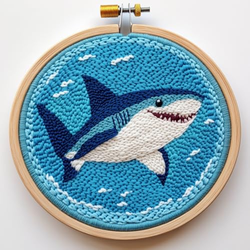 Image of DIY Punch Needle Kits Sea Shark with Hoop 20x20cm-1