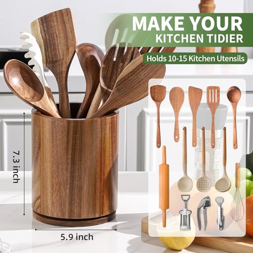 gorsent Wooden Utensil Holder, 360°Rotating 7.3'' Large Utensil Holder for Kitchen Counter, Kitchen Utensil Organizer, Utensil Crock, Farmhouse Kitchens Countertop Decor, Acacia Wood - Image 3