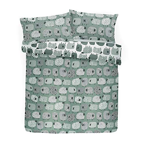 Fusion Dotty Sheep Duvet Cover – Single Size 140 x 200cm – Duck Egg Blue – Reversible Farm Animal Bedding – 100% Cotton – Gifts for Animal Lovers