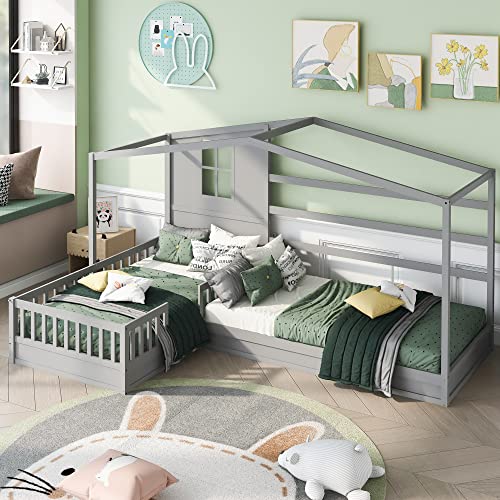 L-Shape House Beds for 2 Kids Twin Size Corner Platform Bed Wood Montessori Bed Frame with Fence Railings and Decorative Panels Cabin/Tent Beds for Two Boys Girls Teens, Gray