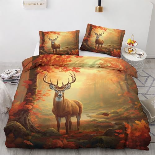 Générique Cerf Decoration - Housse de Couette 240 x 260 Cerf, Parure de Lit 2 Personnes Animaux de la Forêt Automne avec Fermeture éclair, Linge de Lit en...