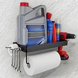 Garage Paper Towel Holder with Shelf & 2 Detachable Hooks - Wall Mount Shop Towel Holder & Paper Towel Holder Wall Mount - One-Hand Tear Design for Easy Organization and Storage in Your Garage (Black)