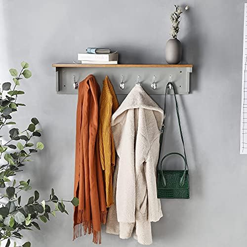 VonHaus Coat Hooks Wall Mounted - Grey Coat Rack w/ Large Shelf & 7 Strong Double Coat Hooks - Hallway Organiser w/ Ash Wood Veneer for Hall & Entryway - for Coat's, Scarves, Bags - 60kg Max Capacity