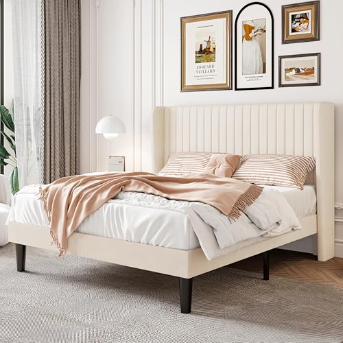 SHA CERLIN Full Size Velvet Bed Frame with Vertical Channel Tufted Wingback Headboard Upholstered Platform Bed with Wood Slats No Box Spring Needed Easy Assembly Cream White