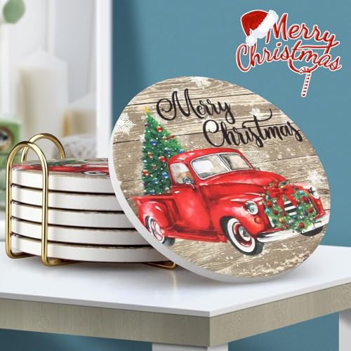 Image of Red Truck Christmas Coasters with Holder, 6 Pieces Round Wood Coasters Set, 4 Inch Vintage Holiday Drink Coasters with Merry Christmas Design, Gold Metal Holder, Absorbent Table Decor