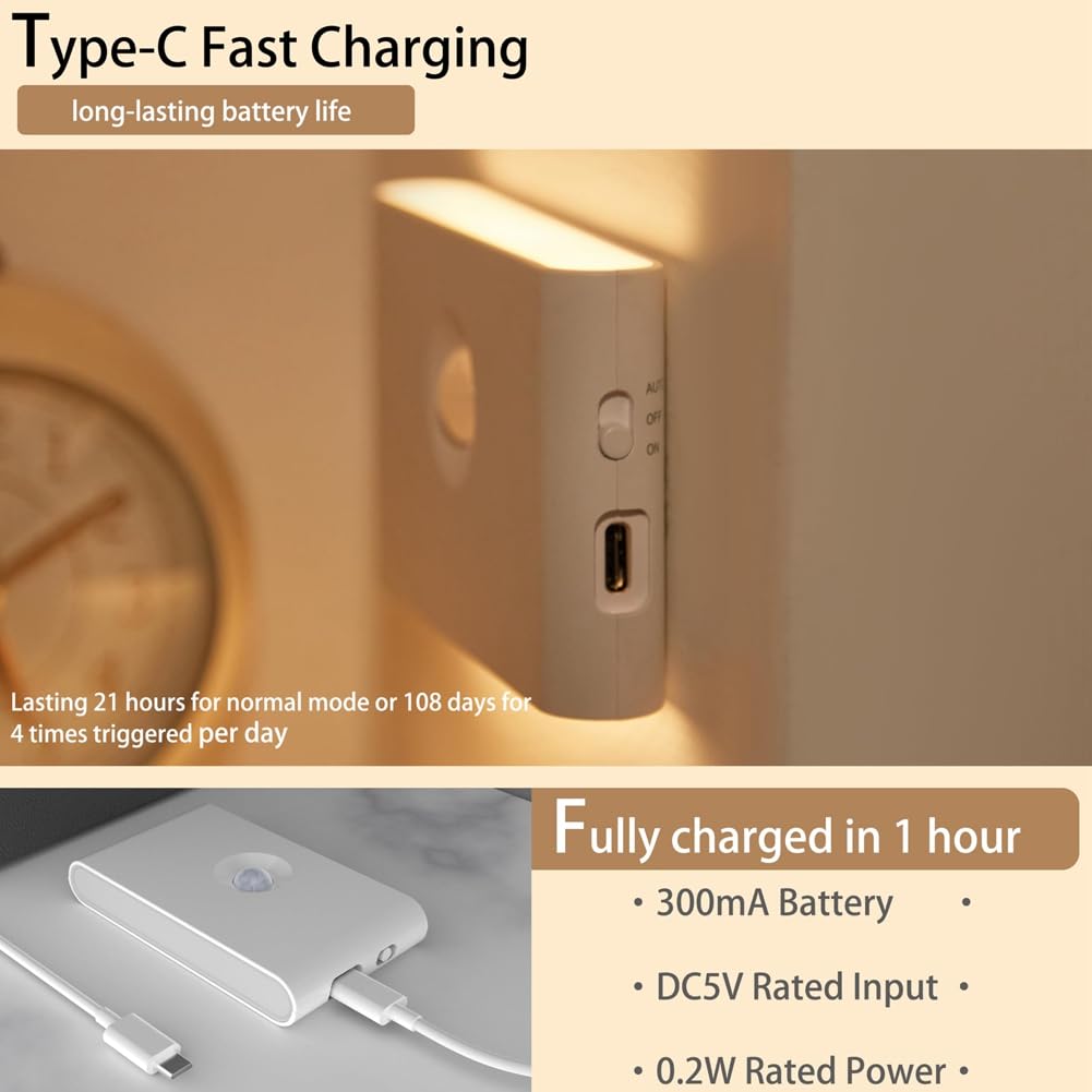 Luz LED Inteligente con Sensor de Movimiento Recargable, Protección Ocular, Lámpara de Noche para Dormitorio, Pasillo, Iluminación de Gabinete, 6 Piezas