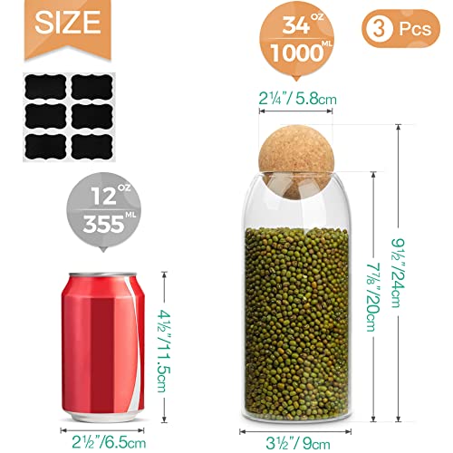 Image of ComSaf 1000ml Glass Storage Container with Ball Cork, 3Pcs Glass Jar with Cork Lid, Round Cork Glass Bottle, Coffee Jar with Wood Ball Lid for Bath Salt, Food, Coffee, Sugar,Tea, DIY Decoration