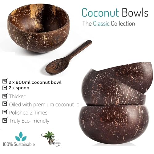 Image of Thenga Jumbo 900ML Artisan Coconut Shell Bowls & Spoon Set | Eco-Friendly Handmade Wooden Bowls for Smoothie, Salad, Breakfast, Buddha Bowls & Meals | Set of 20 from Kerala