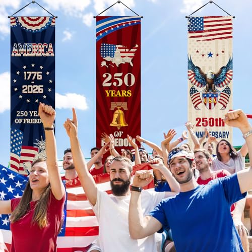 Image of Chiisong 3 Pcs 250 Years of Freedom Party Decorations 250 Anniversary USA Banners 4th of July Porch Sign Patriotic Door Wall Hanging Decor for Indoor Outdoor Independence Day Backdrops Photo Props