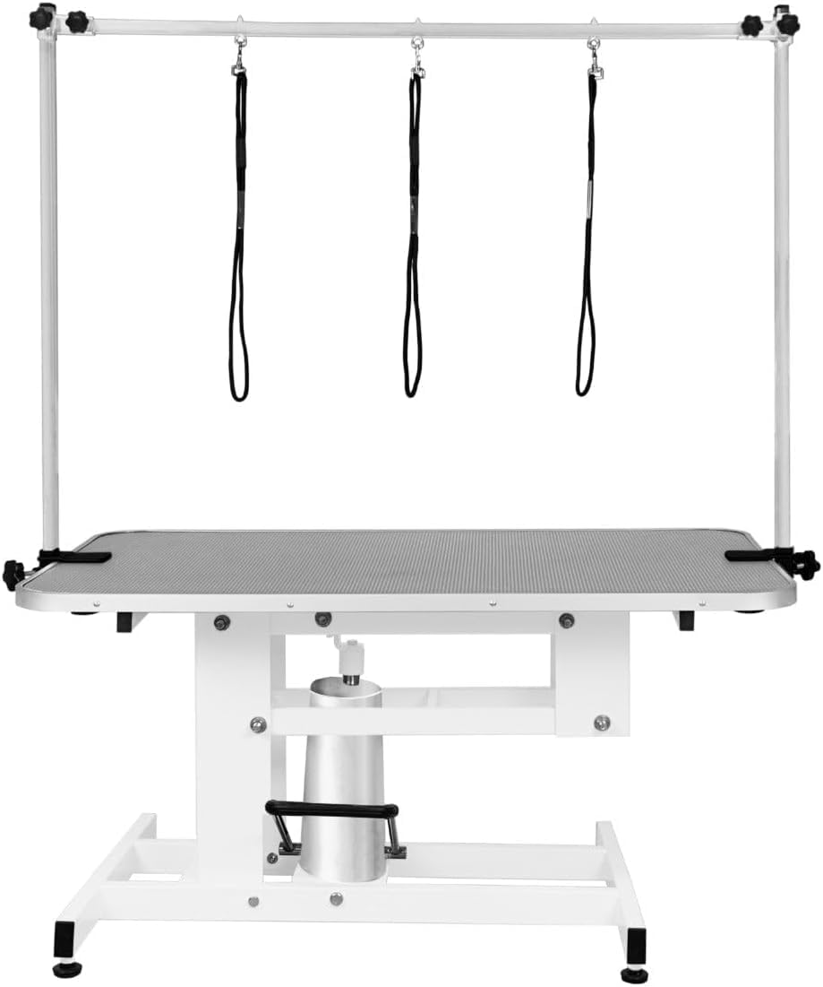 Tavolo Idraulico Toelettatura Cani - Altezza 55-101 cm, Capacità 180 kg, Bianco - Piano Grigio, Antiscivolo 106x61 cm, Acciaio Bianco, Piedini Livellanti, 3 Guinzagli