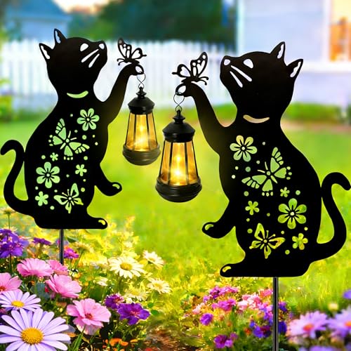 Cat Solar Lights Outdoor 2 Pack Black Cat Hanging Lantern Waterproof Cat Lover Gifts for Women Mom Birthday Mothers Day Metal Garden Statue Yard Decor Patio Pathway Backyard Lawn Ornaments