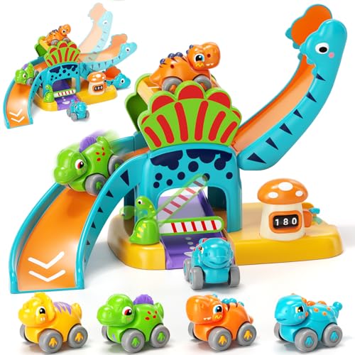 Jeu de Voitures Dinosaures avec Circuit à Toboggan - Jouet Éducatif 1 2 3 Ans - Développe Motricité & Créativité - Cadeau Enfant 12+ Mois Garçons