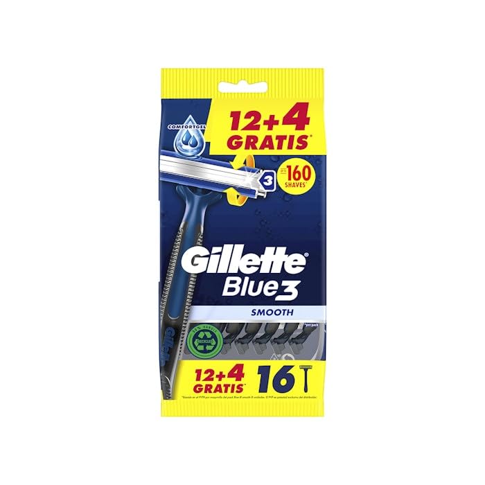 Gillette Blue3 Smooth Jednorazowe maszynki do golenia dla mężczyzn, trzy ostrza do golenia z obrotową głowicą 40° i paskiem smarującym, 12+4 BEZPŁATNIE (łącznie 16 sztuk)