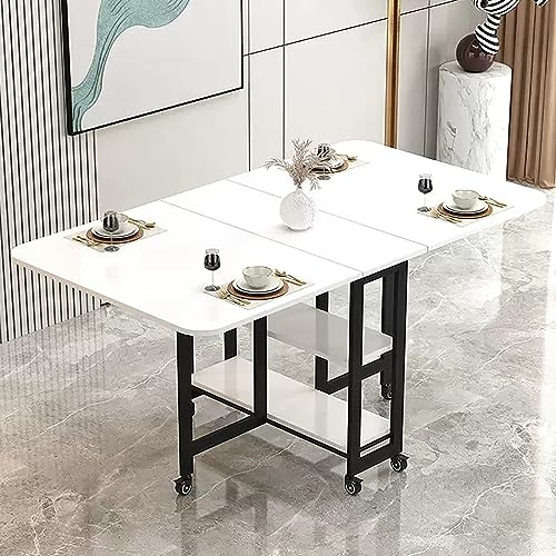 Modern Folding Dining Table, Drop Leaf Dining Table, Expandable Kitchen Table with 6 Wheels, Rolling Space Saving Dining Table, Foldable in 3 Forms, for Kitchen, Bedroom, Living Room (Color