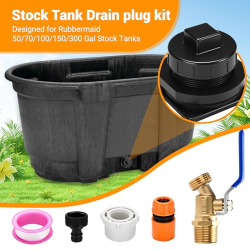 Image of Stock Tank Plug Kit for Rubbermaid 50、70、150、100, 300 Gallon Stock Tank ≥ 2 in Holes Stock Tank Plug Replacement, and 1-1 /4 inch x 3 /4 inch Adapter with 3 /4 inch Brass Hose Faucet Garden Hose Connector