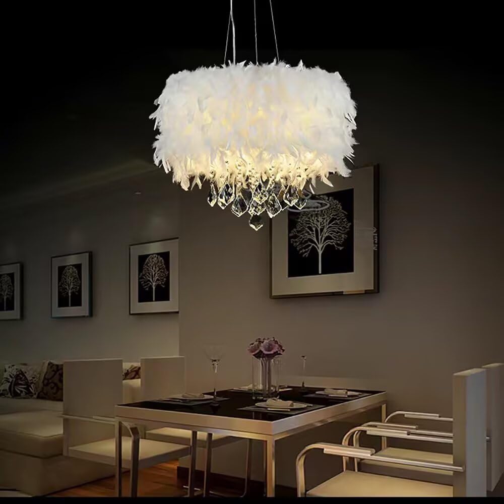 Lámpara colgante de plumas de cristal Lámpara colgante de plumas blancas Lámpara de techo Lámpara de techo, lujo romántico para sala de estar, comedor, 50 CM / 19.8 PULGADAS