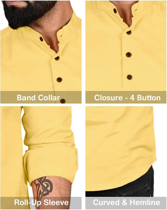 Image of ROYALSCOUT Men Cotton Blend Short Kurta with Mandarin Collar and Button Placket | Full Sleeve Regular Fit Ethnic Wear for Casual and Festive Use