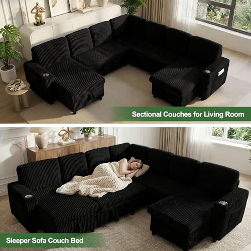 Image of Sleeper Sectional Couch, Sleeper Sofa Bed with Pull Out Bed, Oversized Corduroy Couch for Living Room, Bedroom and Apartment, Modular Corner Sofa with Storage, Black