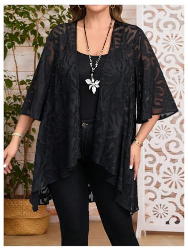 OYOANGLE Women's Plus Size Lace Sheer Open Front Cardigan Lightweight 3/4 Sleeve Ruffle Kimono Outerwear2