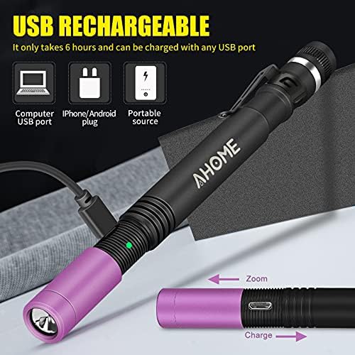 AHOME P2 USB Rechargeable Pen UV Torch, 395nm Blacklight LED Pocket Penlight, Pet Urine Detector, IPX5 Water-Resistant, 1000mAh NiMH Battery ×2 Included, 2 Modes (High, Low)