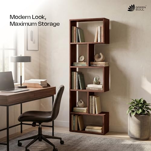 Image of Green Soul Avenor 5 Shelves Engineered Wood Book Shelf | Multipurpose Wooden Bookshelf for Home, Bedroom, Living Room, Study Room, Kids Room | Organizer | Storage | 3 Year Warranty (Rolex Brown)
