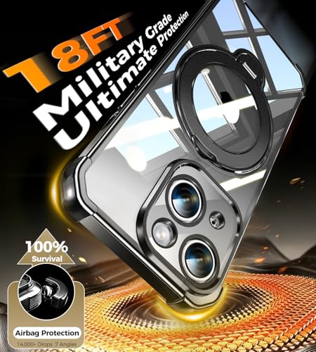 Image of Soft Case for iPhone 14 /13 with 360 Rotating Magnetic Stand, Compatible with Mag-Safe, 4X MIL-Drop Protection, Lightweight Glossy Anti-Yellowing Clear Back Phone Cover for iPhone 13 /14, Black