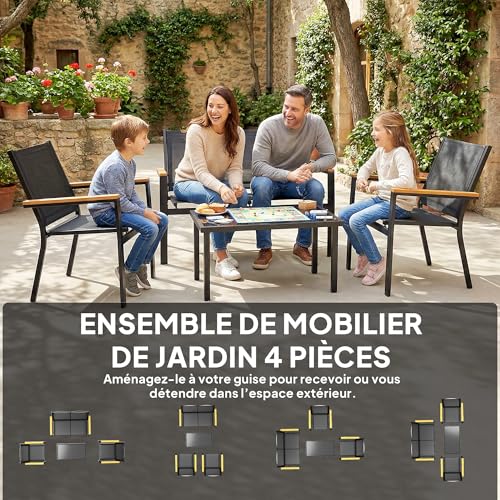 Salon de Jardin 4 pcs Noir, Table Verre Trempé - Outsunny