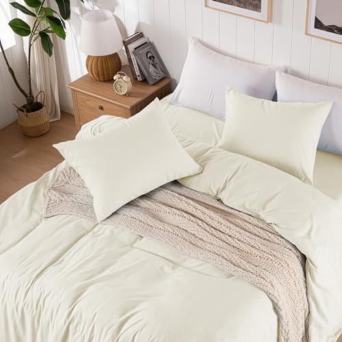 ROSE&RISY Beige Super Soft Duvet Cover Queen Size, 3 Pcs Washed Cotton-Like Microfiber Comforter Cover Set with Button Closure, Includes 1 Duvet Cover & 2 Pillowcases, No Comforter (Beige, Queen Size) by ROSE&RISY - Used condition - Image 4