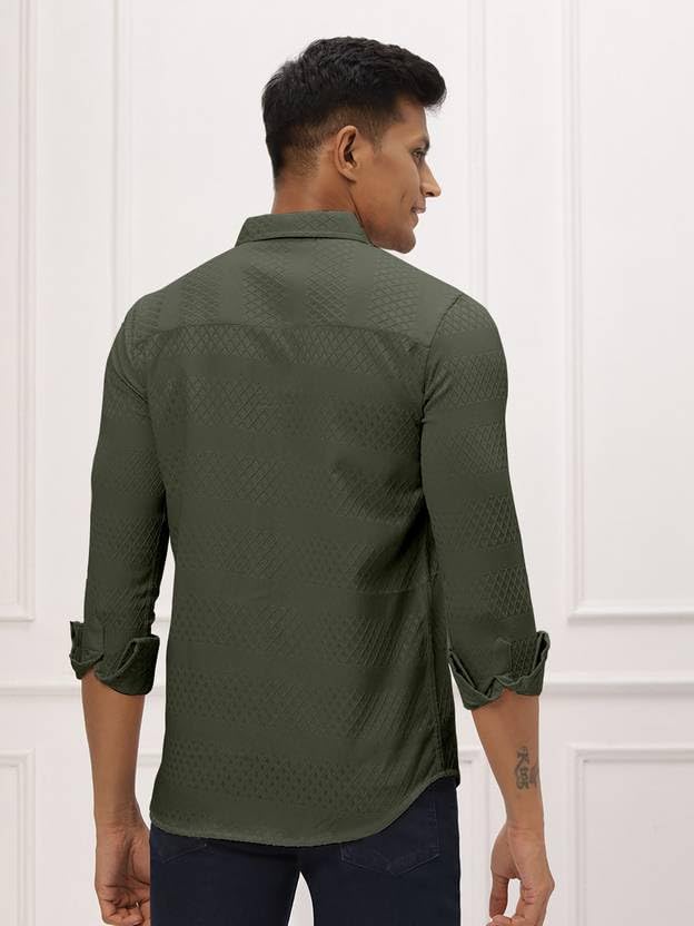 Image of Men's Polycotton Casual Textured Button Down Regular Fit Shirts Long Sleeve Shirt