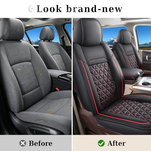 Image of Coverado Seat Covers for Dodge Ram, Waterproof Front Car Seat Covers for Truck Compatible with 2002-2026 Dodge Ram 1500 2500 3500 Crew Double Mega Quad Cab(Black&Red line)