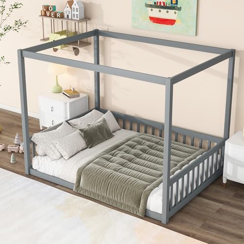 Image of Full Size 4-Posters Canopy Bed Frame with Fence Guardrails, Rubber Wood Montessori Floor Platform Bed for Kids Teens Girls Boys, No Box Spring Needed (Grey-02)
