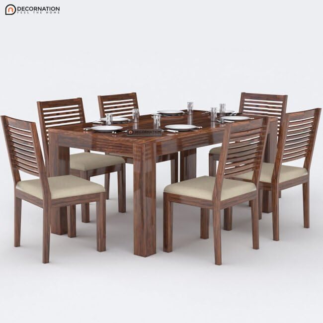 Image of DecorNation Blankenberge Solid Wooden 6 Seater Dining Table Set with Chairs | Cushioned Seating with Jute Fabric | Modern Dining Table Furniture for Home & Dining Room