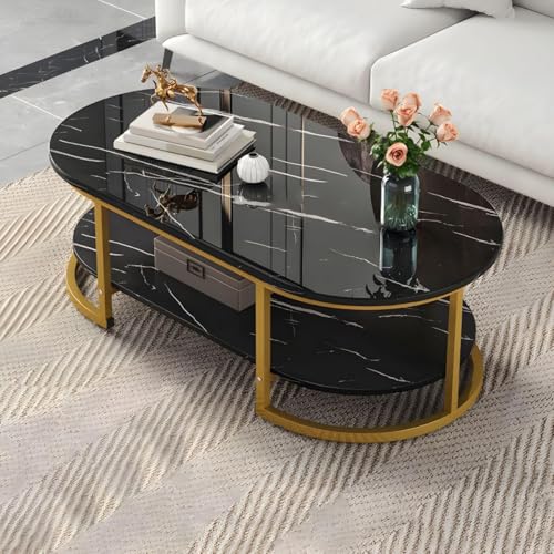 Image of NEST NATURE HAVEN Coffee Table for Office, Dining, Tea Room, Center Table for Living Room, Contemporary Simple Coffee Cocktail Table with Black Desktop and Gold Metal Frame