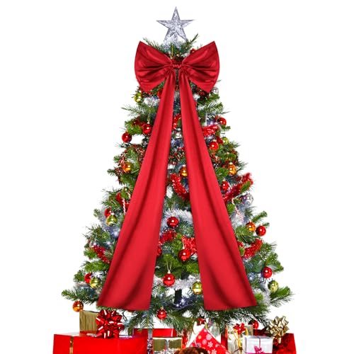 Christmas Tree Topper Bow, Large Christmas Tree Toppers Satin Bows Christmas Decorations, Christmas Wreath Bows for Home Party Wedding Car Holiday Decor Supplies (47 INCH Red Bow)
