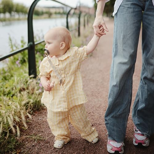 Image of mushie Linen Baby Pacifier Clip Holder (Dusty Rose /Shifting Sand)