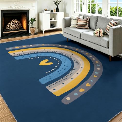 Alfombra azul de salón nórdico 150x210 cm lavable con diseño de arcoíris 3