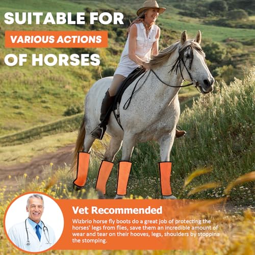 Image of Premium Ventilated Horse Fly Boots & Fly Leggings Set of 4 - Loose-Fitting Fine Mesh with Stay-On Fasteners,Support Strips & Anti-Stomp Design - Breathable,Non-Slip,Sun Protection,Orange