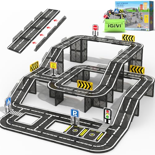 IGIVI Magnetic Tiles Road with Bridge Clamp STEM Magnetic Building Blocks for Kids Educational Montessori Sensory Toys for Kids Ages 3-5 4-8 5-7 Gift for 3+ Year Old Boys Girls