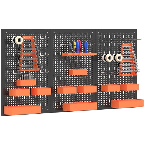 HOMCOM Organizador de Herramientas de Pared de 33 Piezas 120x60 cm, Paneles de Herramientas de Pared con Ganchos, Contenedores y Estantes, para Garajes, Negro y Naranja