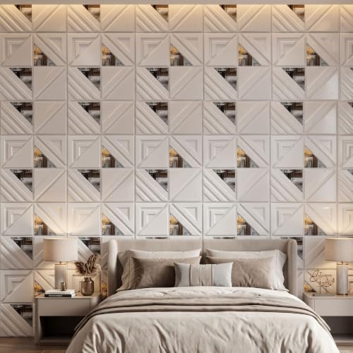 Image of Kayra Decor 3D PVC Wall Panels |Geometric Design | White Color with Silver Acrylic | Panels for Bedroom & Living Room | 19.7 x 19.7 Inch | Pack of 40 | 107.6 Sq Ft