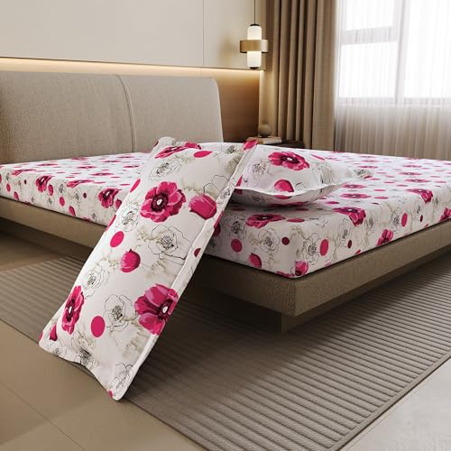Image of Divine Casa 144 TC Cotton Double Bedsheet with 2 Pillow Covers | Soft Breathable Wrinkle Free Bedsheet for Double Bed | Printed Bed Sheet Set for Bedroom | 222 x 254 cm (Pink Blossom, Floral)