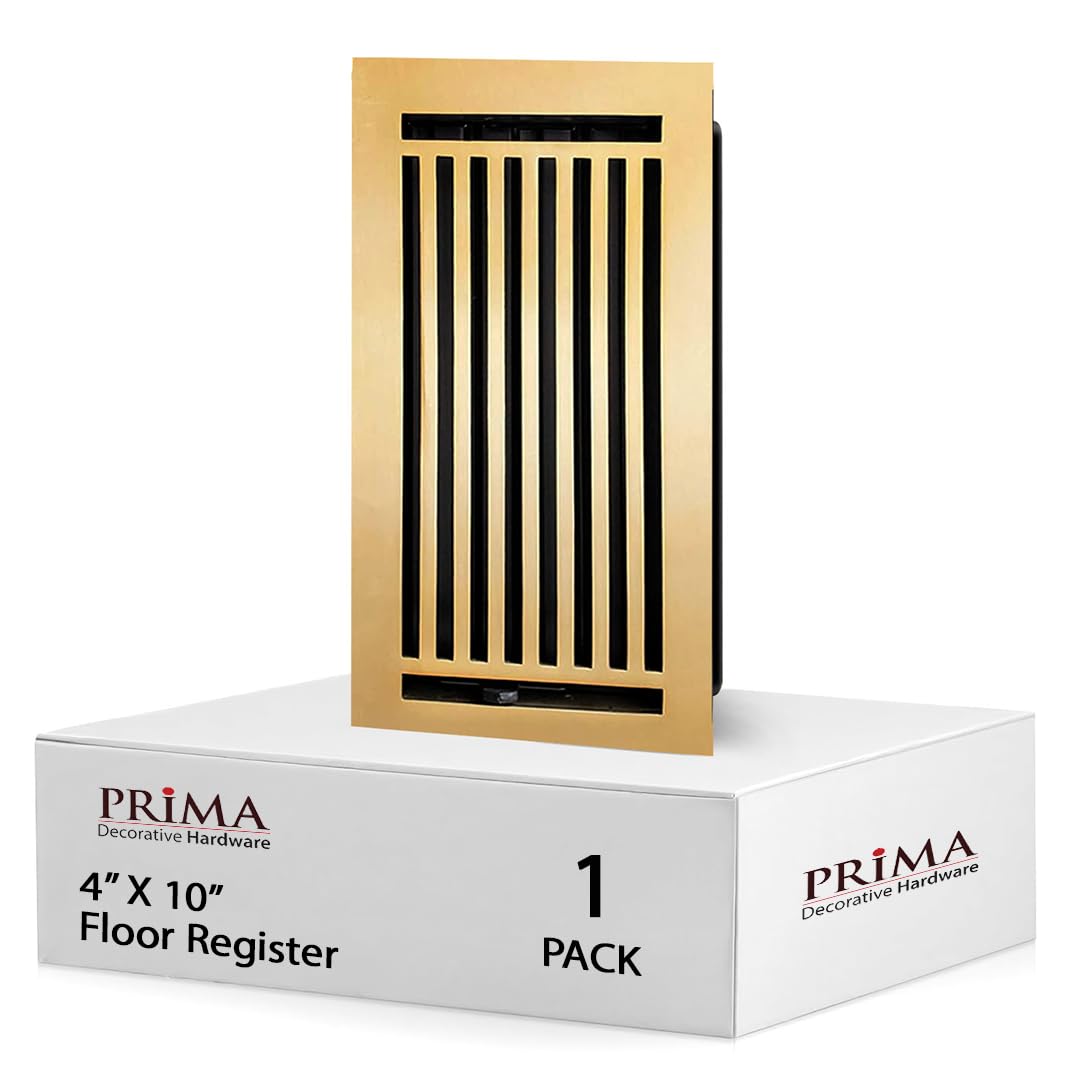 Photo 1 of Prima Decorative Floor Register 4" x 10" – Cast Aluminum Heavy-Duty Vent Cover, Modern Linear Design VR-109, Walkable, Adjustable Louvers, 6" x 12" Faceplate (5mm Thick), Without Screw Holes- Gold