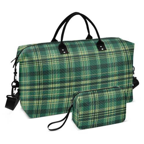 Large Travel Duffel Bag Sports Tote Gym Bag Overnight Weekender Bags Check Plaid Green 2 Carry On Luggage with Toiletry Bags
