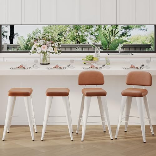 Image of Yongchuang 24 inch Bar Stools Set of 4, Upholstered PU Leather Counter Height Stools with Backs Modern Farmhouse Kitchen Island Metal Bar Chairs White Brown