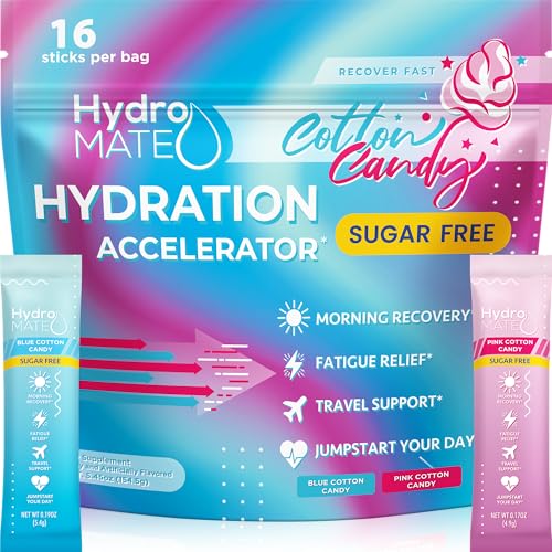 Image of HydroMATE Electrolytes Powder No Sugar Cotton Candy - 16 Sticks Instant Hydration Packets with Vitamin C to Boost Energy - Sugar Free Electrolytes to Support Hydration on Keto Diet & Party Recovery