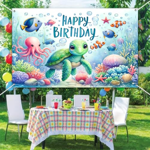 Image of HOMETITUTE Happy Birthday Banner Under The Sea Backdrop 120x84 Inch