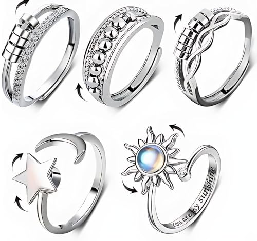 Lot de 5 Bague Anti Stress Femme Argent Fidget Anxiété Rotative Spinner Anneaux Ouverts Réglables pour Homme Filles Soulage L'anxiété Empilable avec Perles Zircon Étoile Argent Bijoux Saint-Valentin